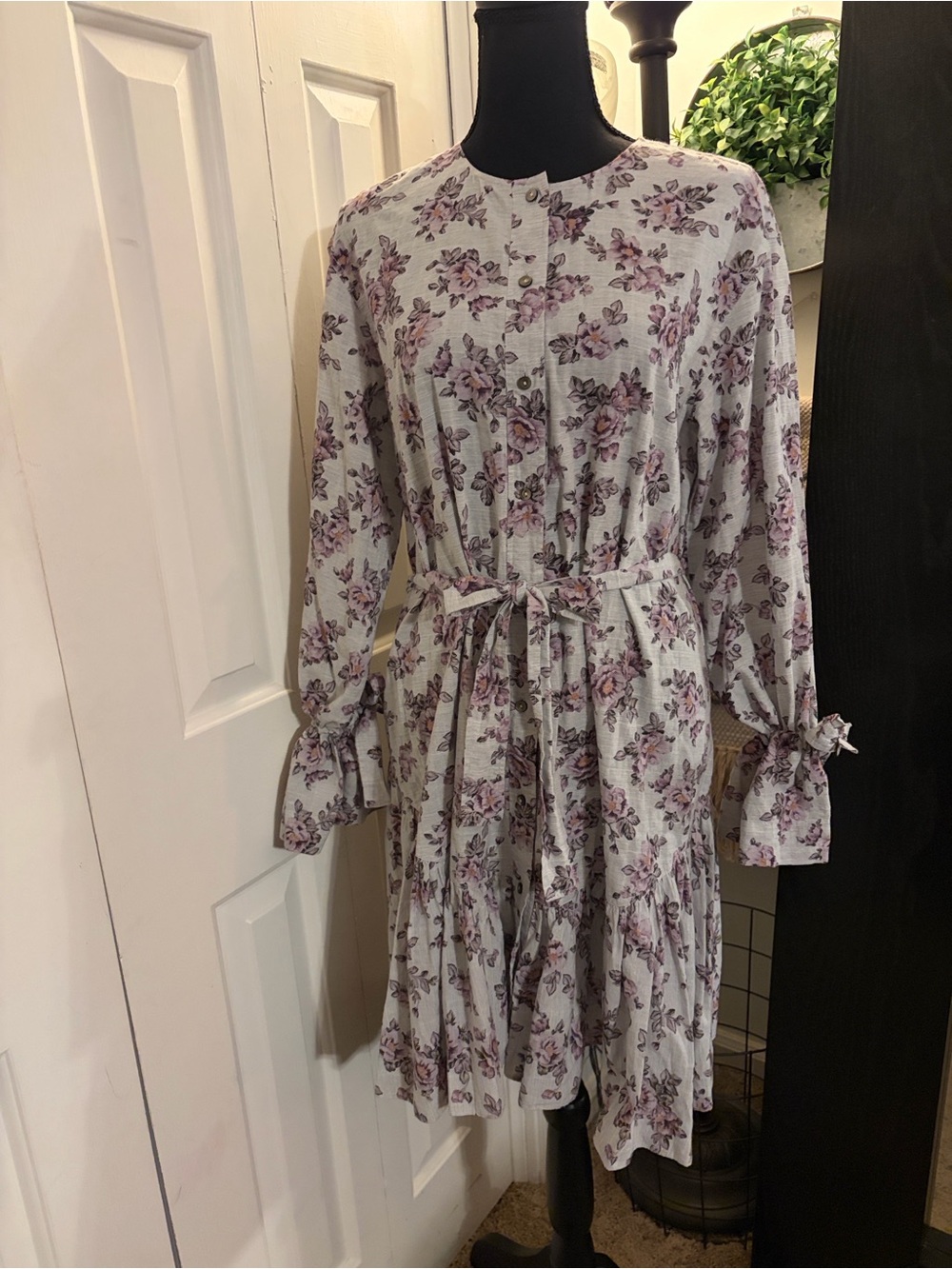 Grey & Purple Floral Print Bell Sleeve Shirtdress